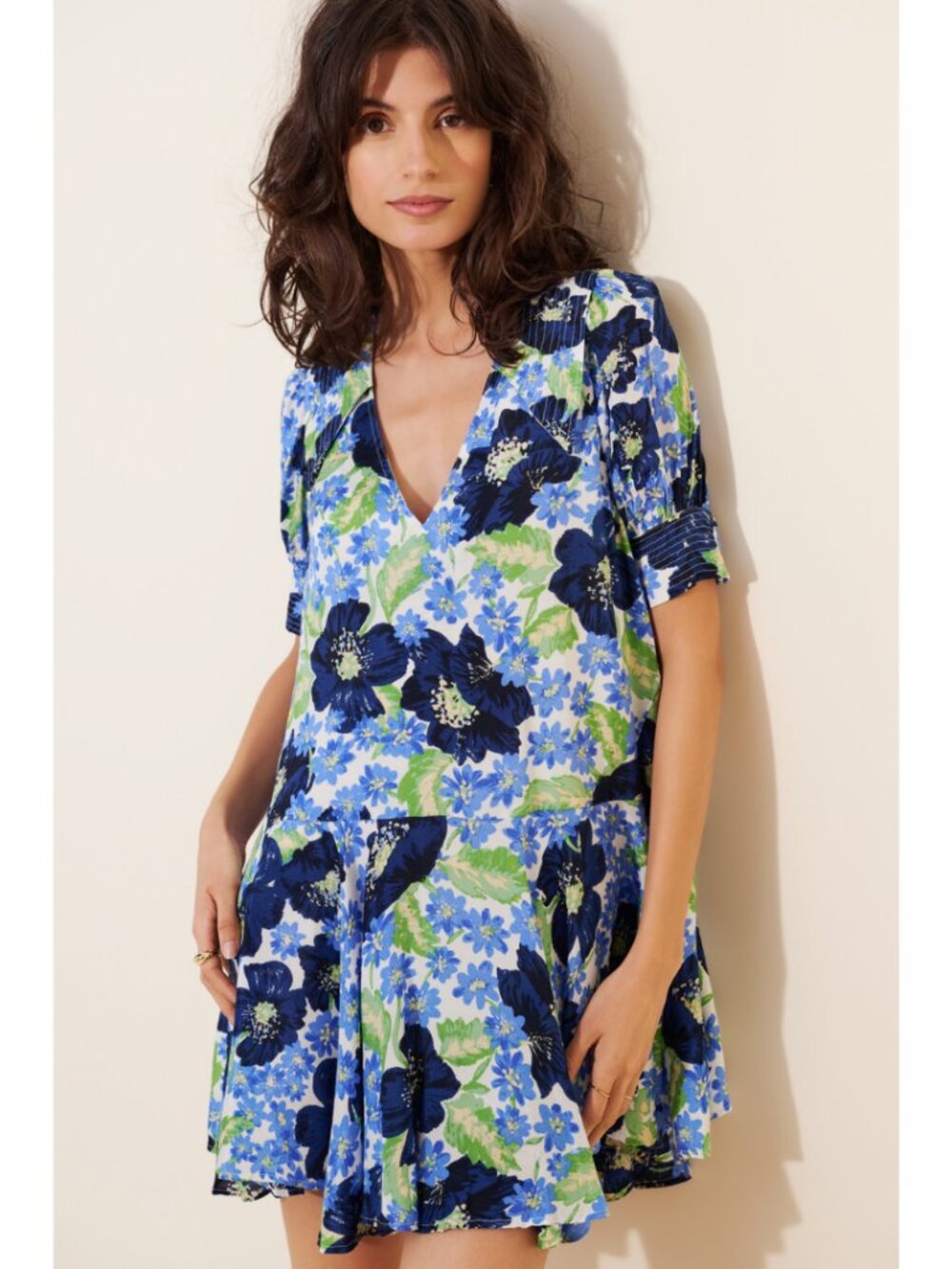 Free People Moon Chaser Swing Mini Dress in Light Blue Floral NWT Size Large